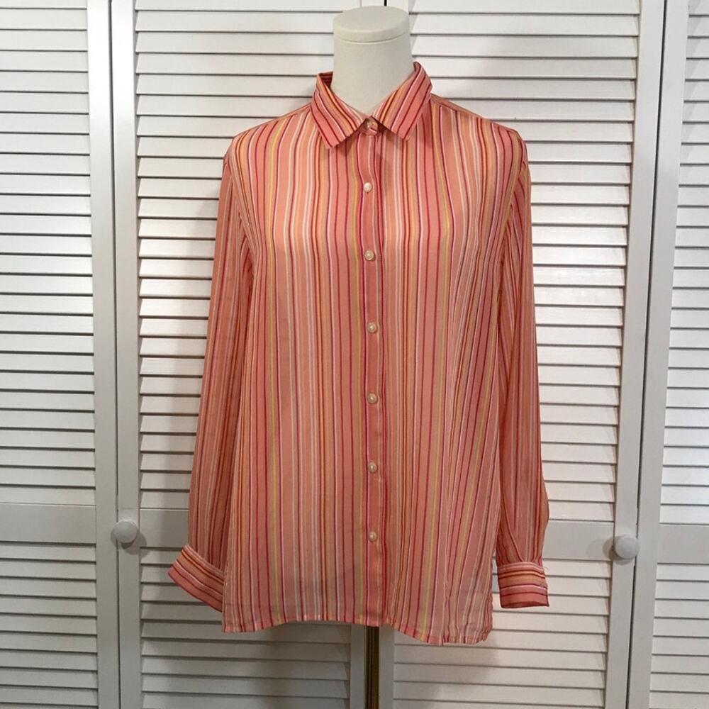 Liz Claiborne Lizsport Petite Y2K Sheer Pink Striped Button Down Blouse LP
